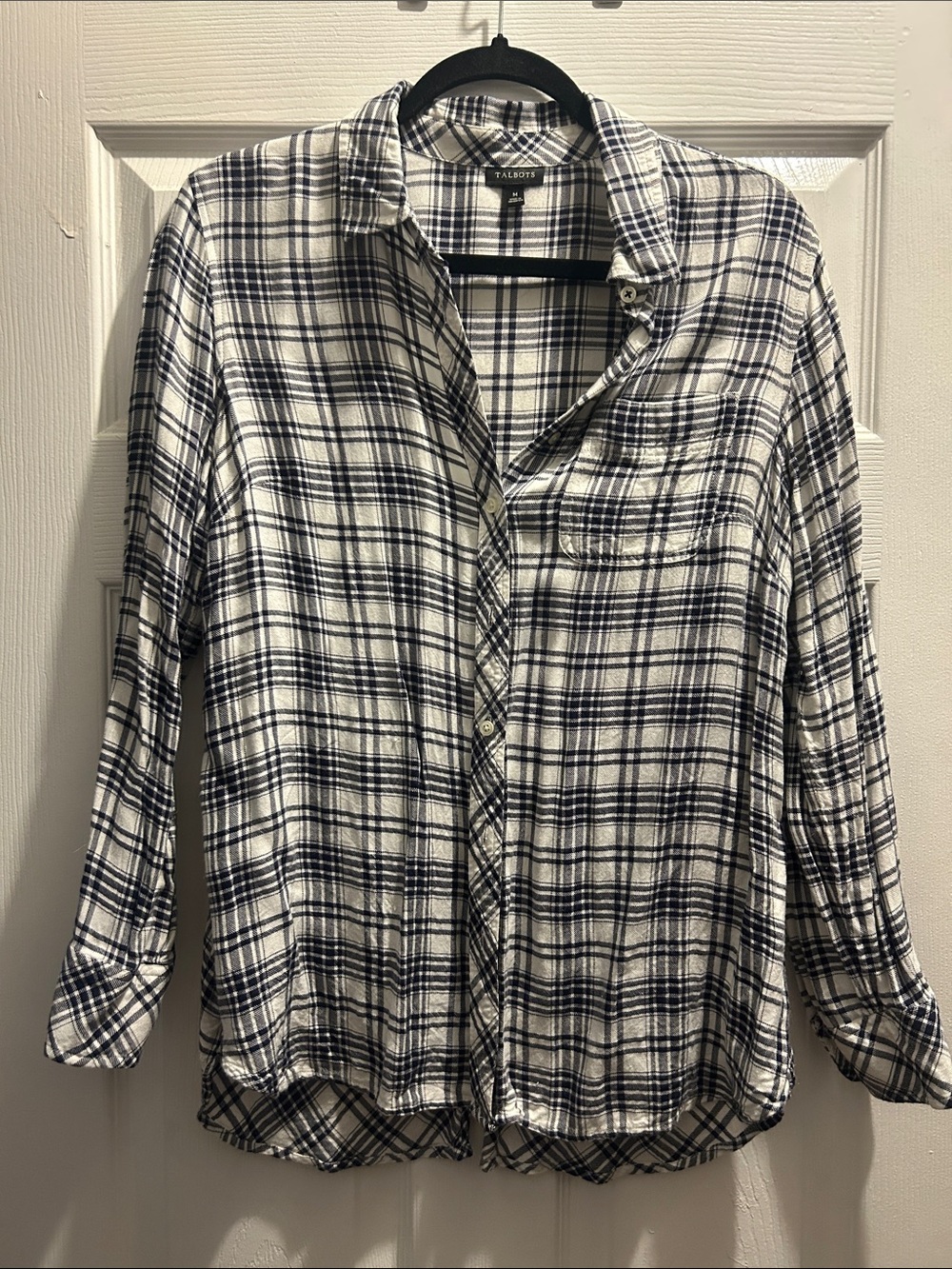 Talbots White and Navy Plaid Lightweight Button-Down Shirt